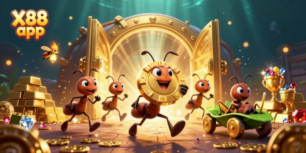 Experience the excitement of the X88 app as playful ants carry a giant poker chip through a treasure-filled heist.