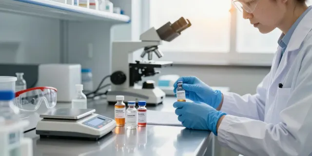 Researcher analyzing tesamorelin peptide for sale in a modern lab.