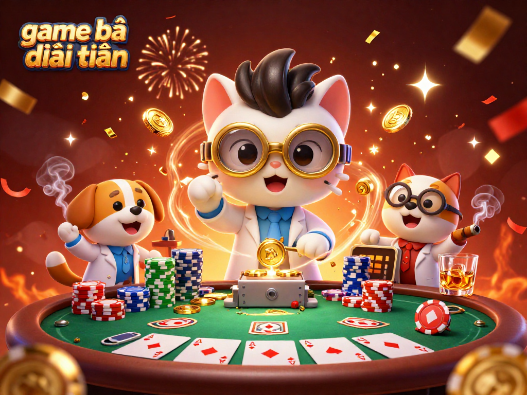 Experience game bài đổi thưởng in a vivid 3D scene with a mad scientist cat and poker elements.