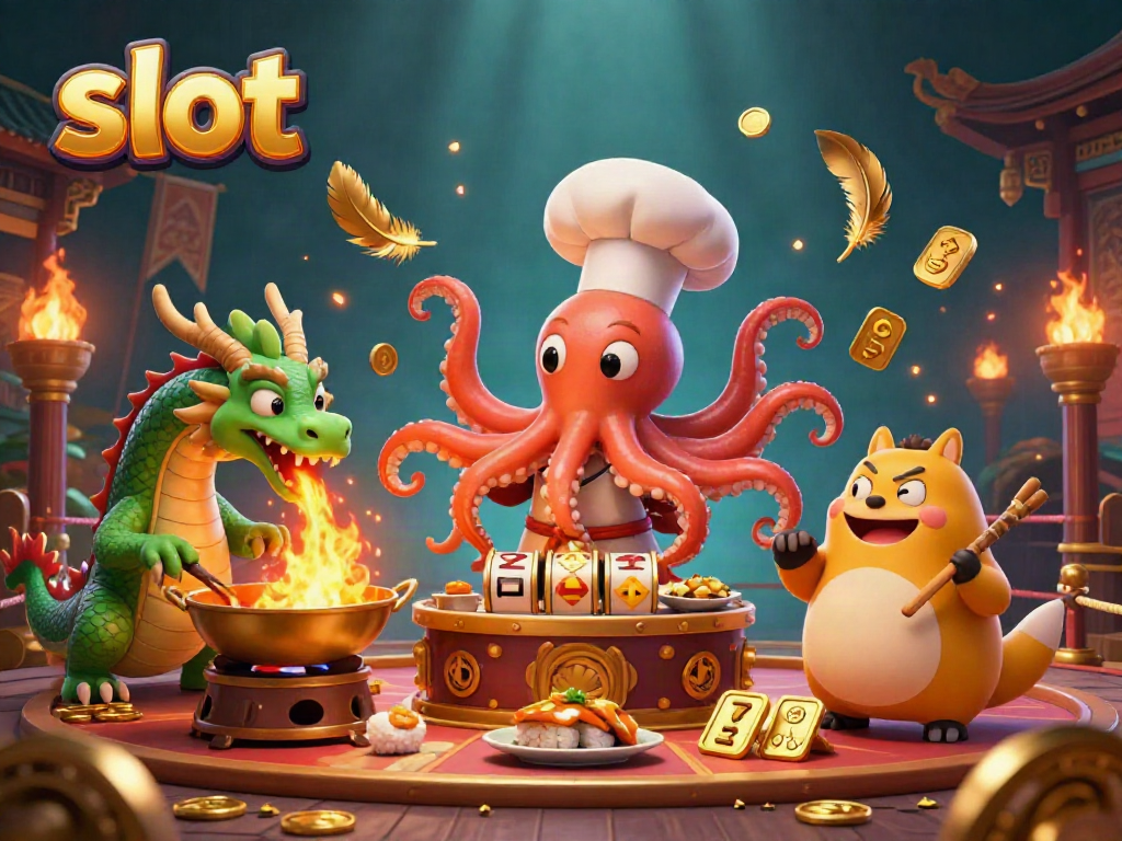 Mesin slot yang menyenangkan dengan karakter kartun, chef sushi, dan naga berapi-api.
