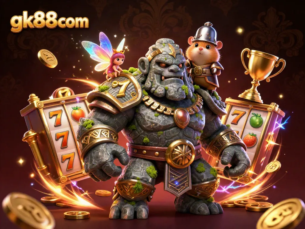 Experience thrilling moments at gk88 com as mythical characters spin slot reels and win prizes in a lively casino scene.