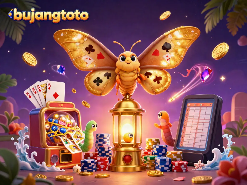 Join the action at bujangtoto with golden wings and vibrant casino elements in a dynamic lottery illustration.