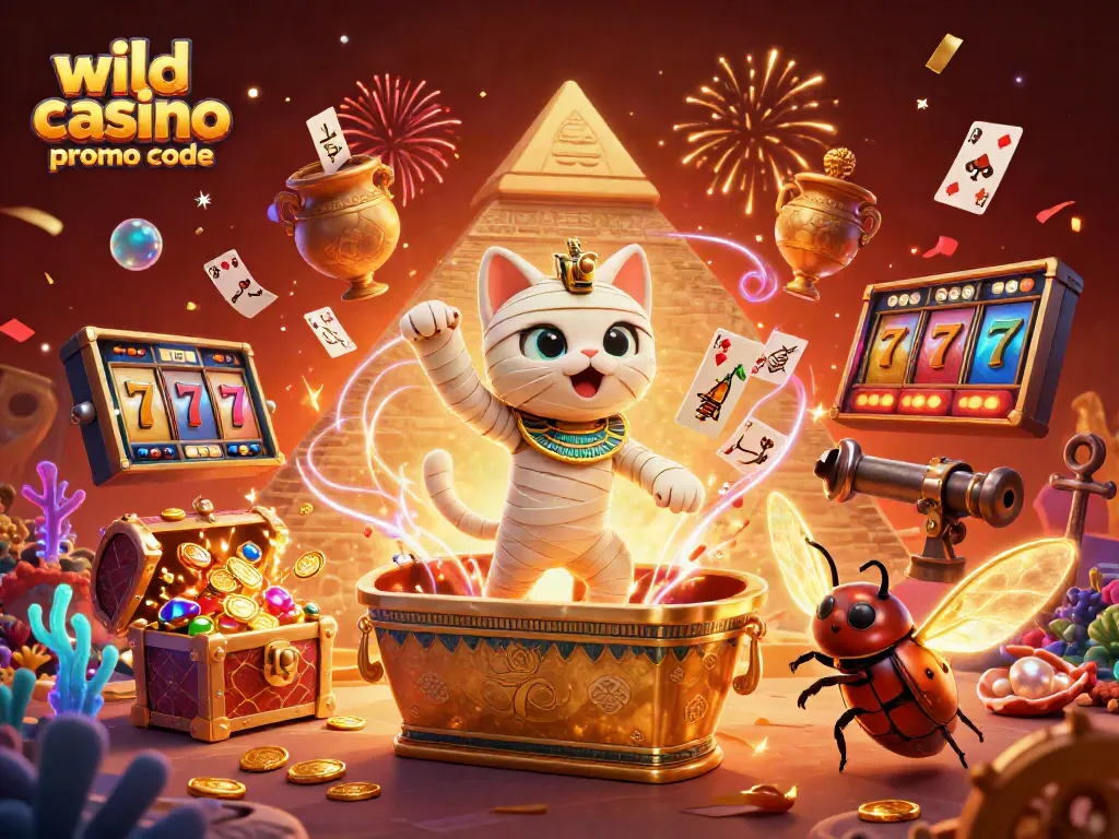 Win big with the wild casino promo code in this vibrant 3D casino scene bursting with excitement and detail.