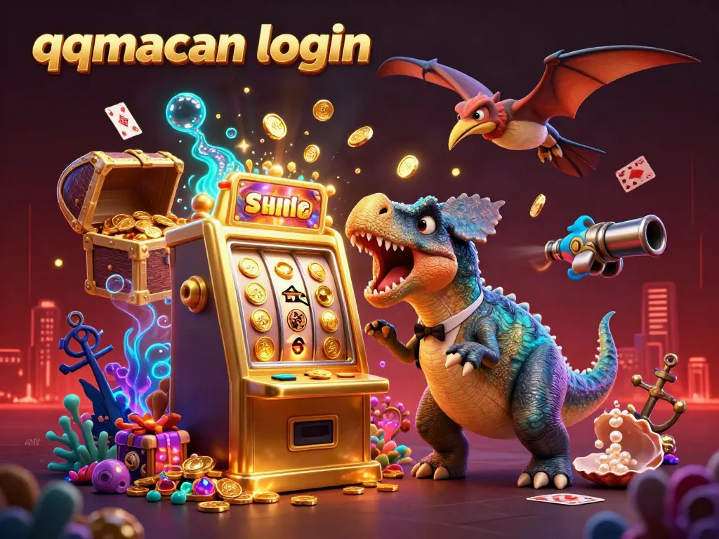 Engage with the qqmacan login scene as a pachycephalosaurus wins a jackpot, surrounded by dazzling coins and underwater treasures.