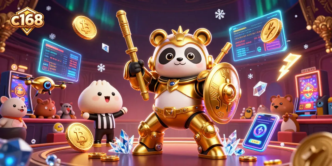 Experience thrilling 3D casino action with c168's golden panda and crypto elements in vibrant arena.