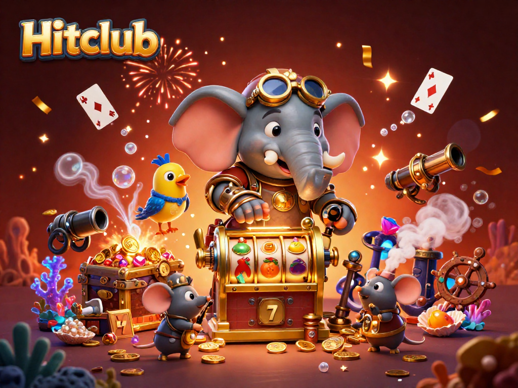 Hitclub features a lively steampunk elephant at a slot machine surrounded by casino treasures.