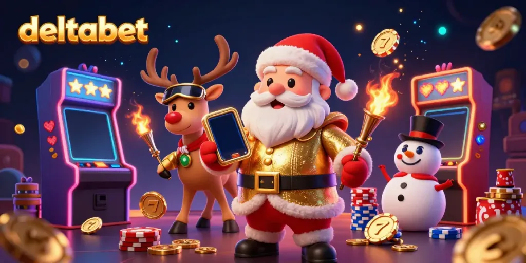 Menangkan jackpot di DELTABET dengan Santa Claus dan teman-temannya dalam suasana kasino ceria.