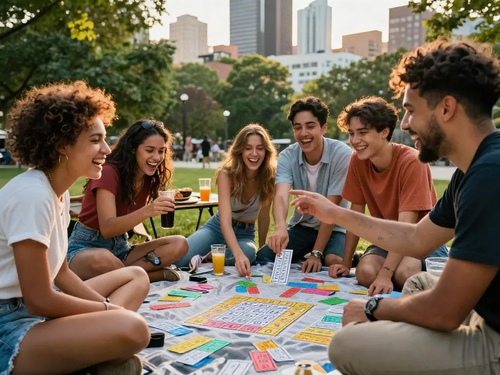 Friends enjoying a lively outdoor gathering with harga toto lottery tickets, capturing joyful moments in urban setting.