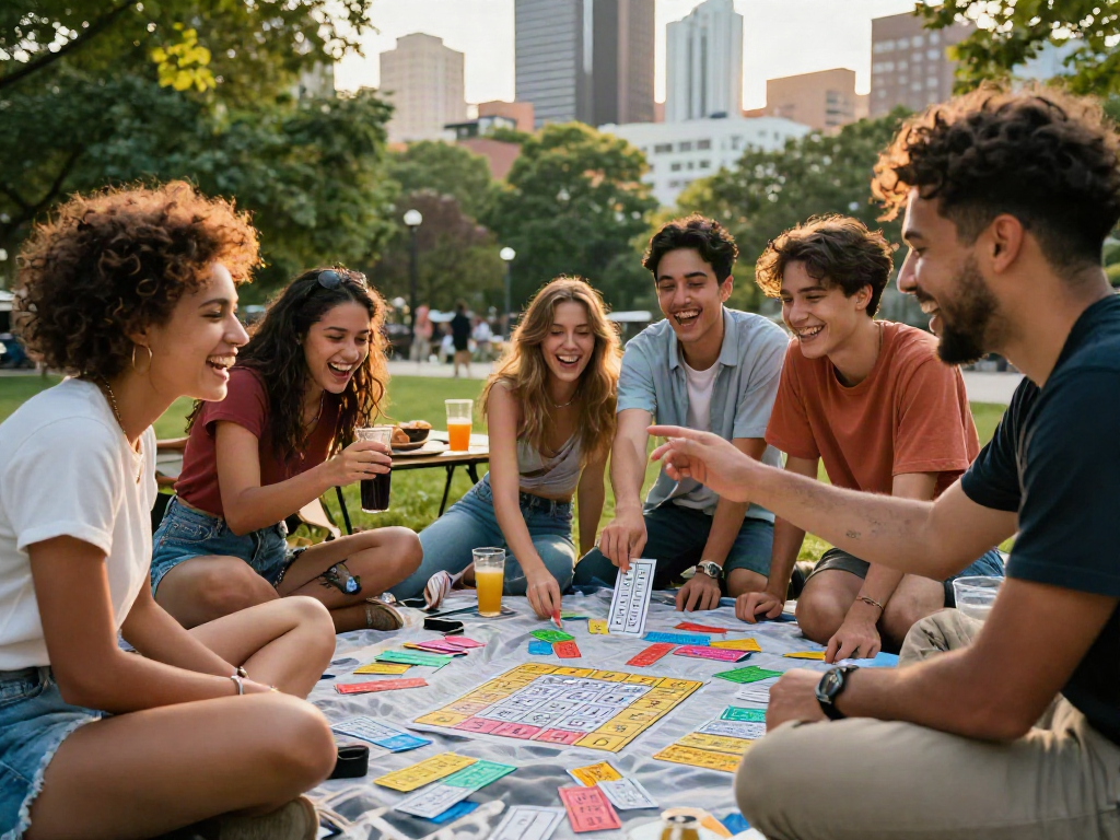 Friends enjoying a lively outdoor gathering with harga toto lottery tickets, capturing joyful moments in urban setting.