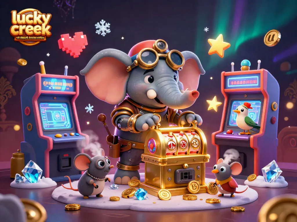 Spin the luck with Lucky Creek no deposit bonus codes illustrated by 3D cartoon characters in a lively casino setting.