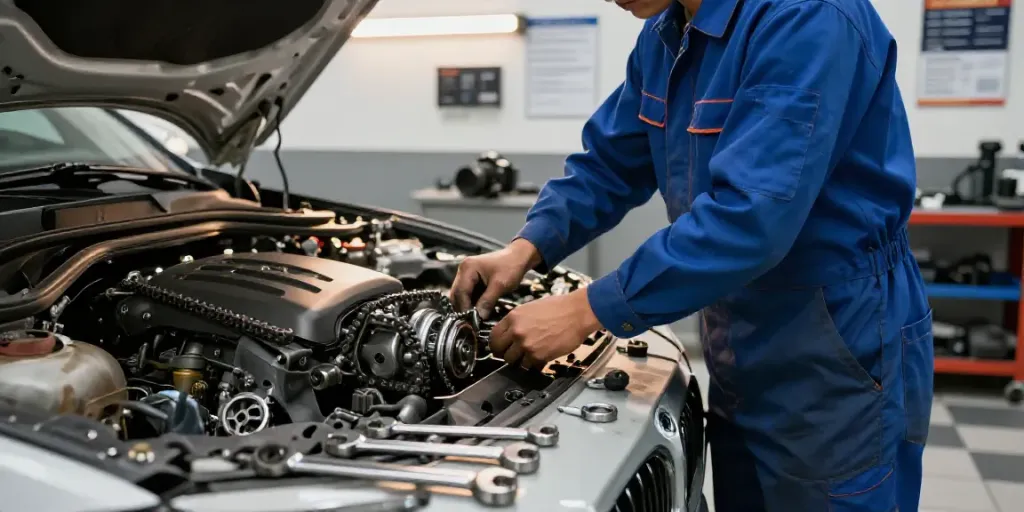 BMW steuerkette wechseln in a professional garage with a mechanic inspecting the engine.