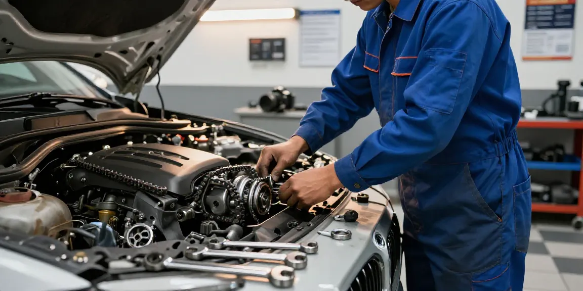 BMW steuerkette wechseln in a professional garage with a mechanic inspecting the engine.