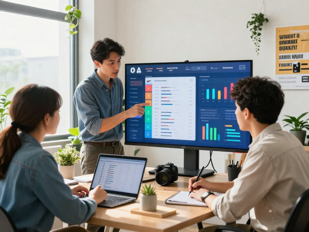 Consultant presenting strategies to buy ios installs for app growth in modern office setting