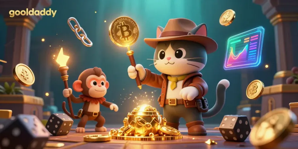 Explore the dynamic scene at goaldaddy, where a cat archaeologist and a monkey discover golden casino treasures amid crypto coins.