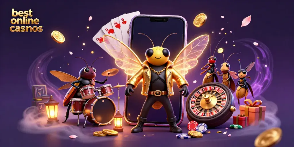 Experience the best online casinos with a vibrant 3D casino rock star scene featuring colorful slot games and dynamic game elements.