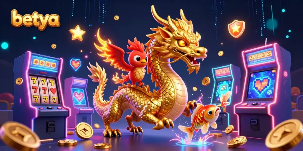 Engage with betya's thrilling casino games illustrated by a fierce dragon and phoenix amidst vibrant slot action.