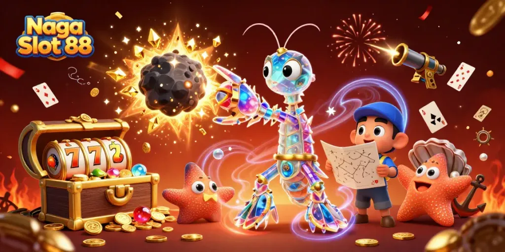 Engage in Naga Slot 88 with striking 3D cartoon visuals, showcasing vibrant slot gaming elements.