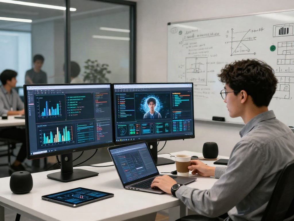 AI Image Detector in action, with a data scientist analyzing AI-generated images on dual monitors in a modern workspace.