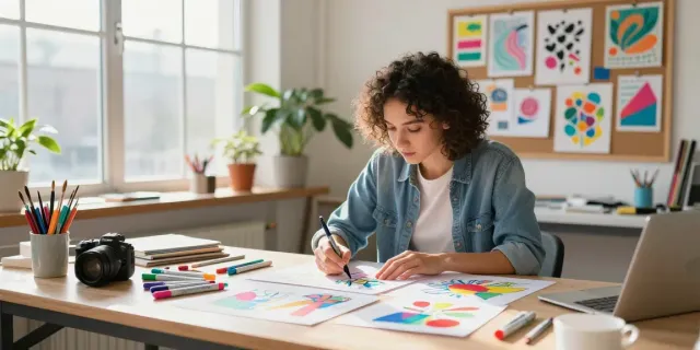 Artist designing custom markers wholesale in a colorful creative workspace.