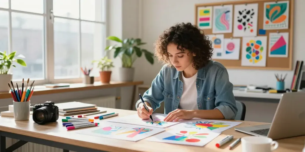Artist designing custom markers wholesale in a colorful creative workspace.