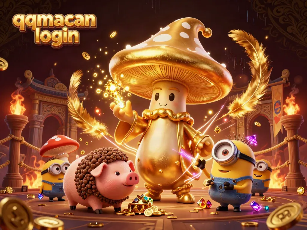 Engage with the qqmacan login experience featuring a magical golden wizard and treasures in a vibrant casino scene.