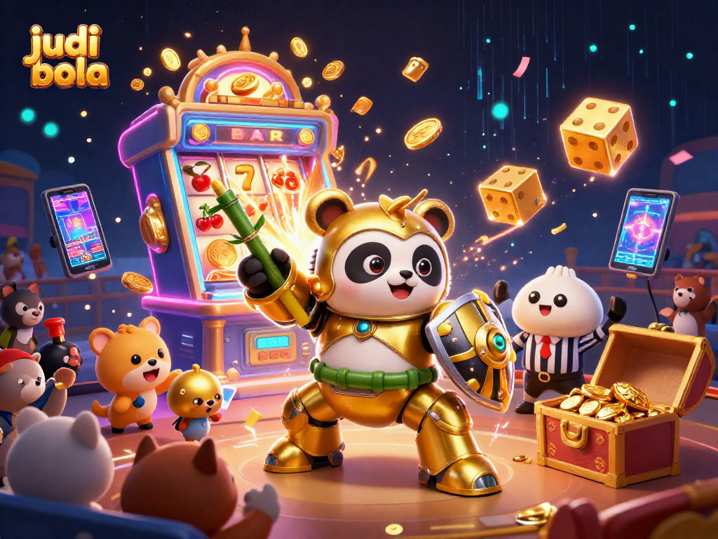 Engage in judi bola with exciting 3D visuals of slot machines and vibrant gameplay elements.