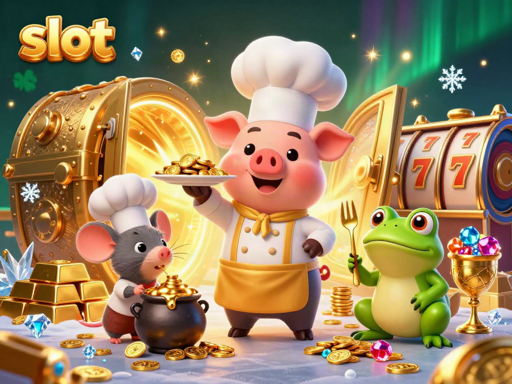 Gambarkan chef babi yang menyuguhkan koin emas di kasino bersamaan dengan sous-chef dan kritikus makanan, simbol slot menghiasi latar belakang.