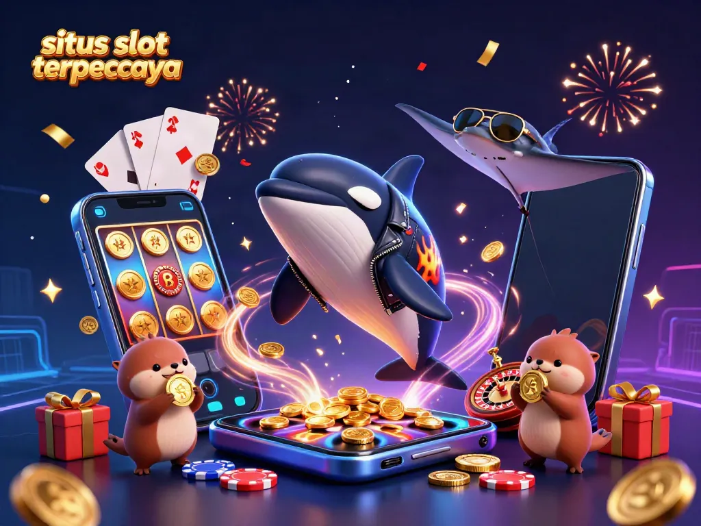 Situs slot gacor terpercaya scene featuring an orca whale, stingray, and otters with golden coins in a festive casino setting.