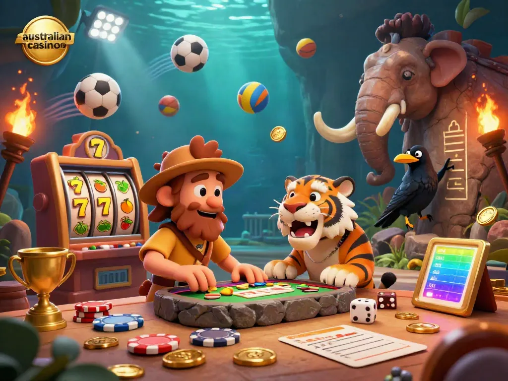Experience thrilling australian casinos with a lively 3D scene featuring a caveman, tiger, and crow in a dynamic casino setting.