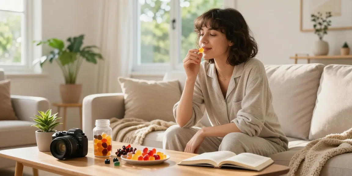 Relaxing home scene with a person enjoying colorful cbd gummies for wellness.