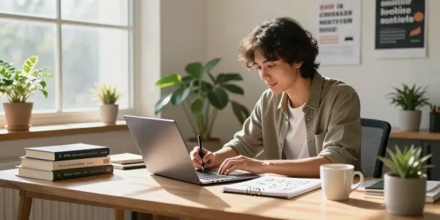 Content creator using an AI article writer in Portuguese in a cozy home office.