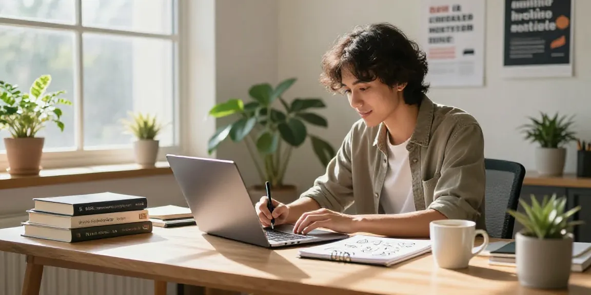 Content creator using an AI article writer in Portuguese in a cozy home office.