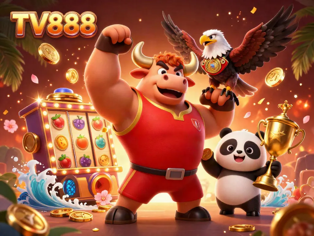 Experience thrilling wins at TV888 with an energetic 3D illustration featuring a bull mascot, eagle, and panda amidst vibrant casino elements.