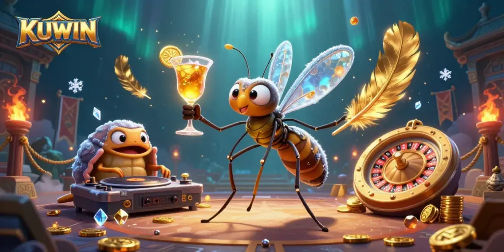Kuwin offers thrilling gaming experiences with a vibrant 3D scene featuring unique casino icons.