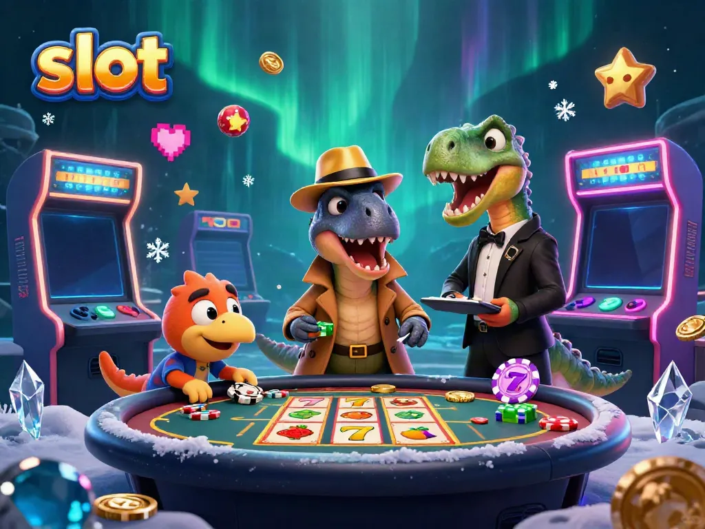 Experience thrilling slot gameplay with a velociraptor at a vibrant casino table, while magical game elements surround them.