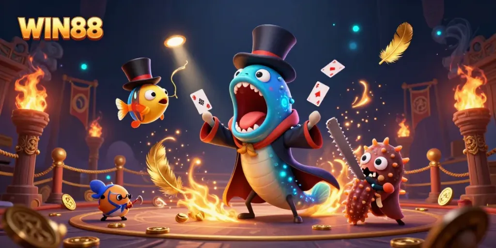 WIN88 magic act featuring a gulper eel, anglerfish, and a sea cucumber creating iconic casino moments.
