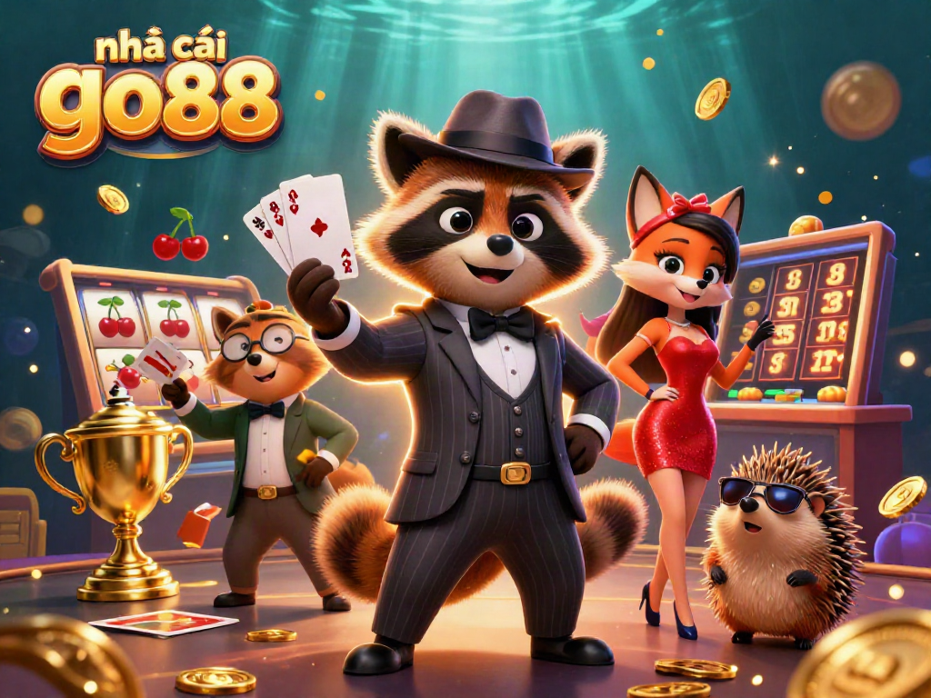 Trải nghiệm tại nhà cái go88 với hình ảnh vui vẻ của nhân vật và slot game đa dạng.