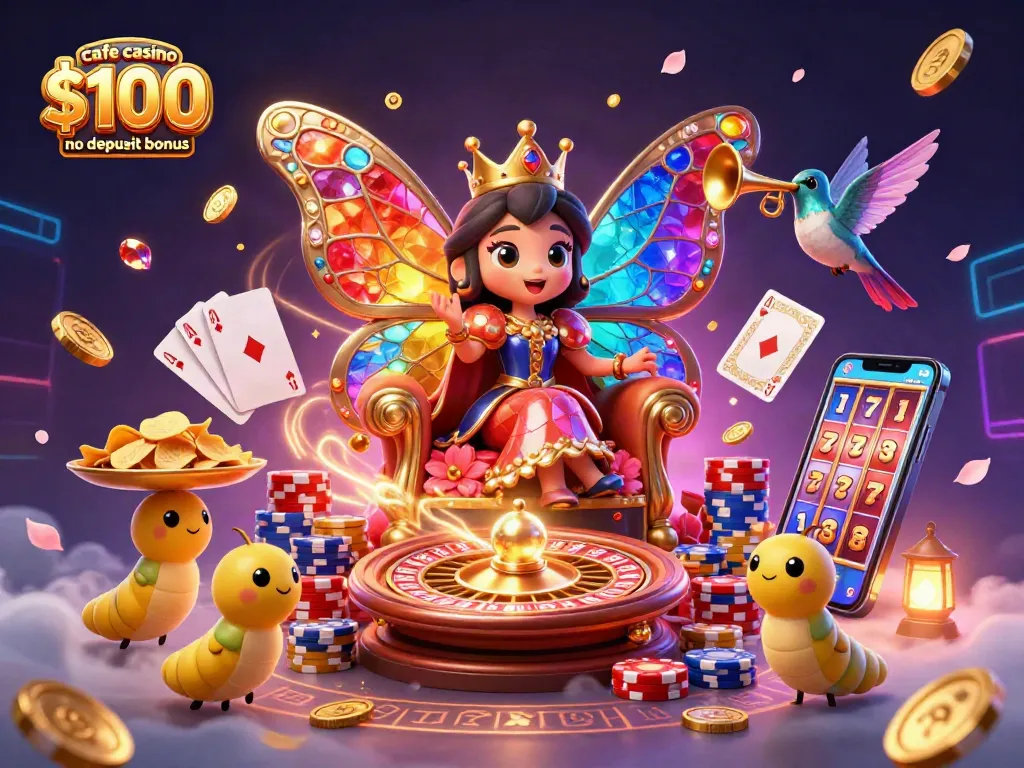 Experience the thrill with cafe casino $100 no deposit bonus illustrated by a vibrant casino-themed scene.