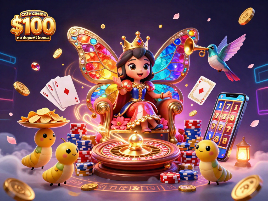 Experience the thrill with cafe casino $100 no deposit bonus illustrated by a vibrant casino-themed scene.