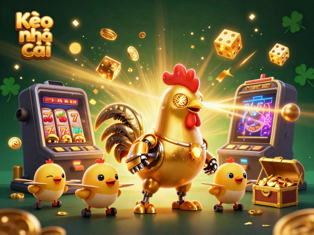 Experience the excitement of Kèo nhà cái with a dynamic scene featuring a golden rooster robot and vibrant casino elements.