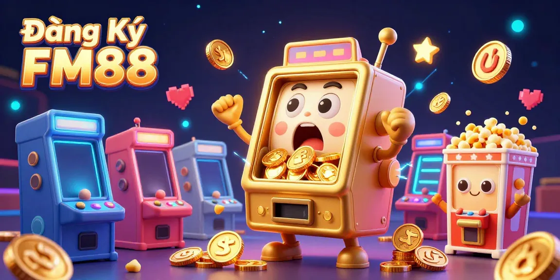 Experience the excitement as you Đăng Ký FM88 with animated golden slot machines hitting jackpots!