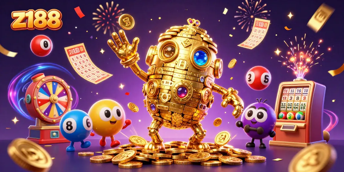 Z188 brings excitement with golden golem and vibrant casino elements like jackpot balls and tickets.