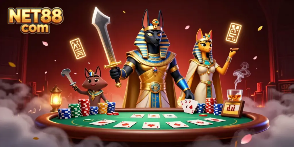 Experience thrilling gameplay at NET88 com with ancient Egyptian warriors and poker games illustrated.